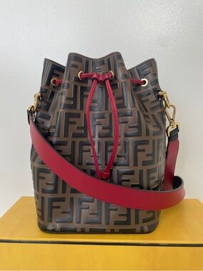 Fendi Brown Logo Bucket Bag with Red Strap